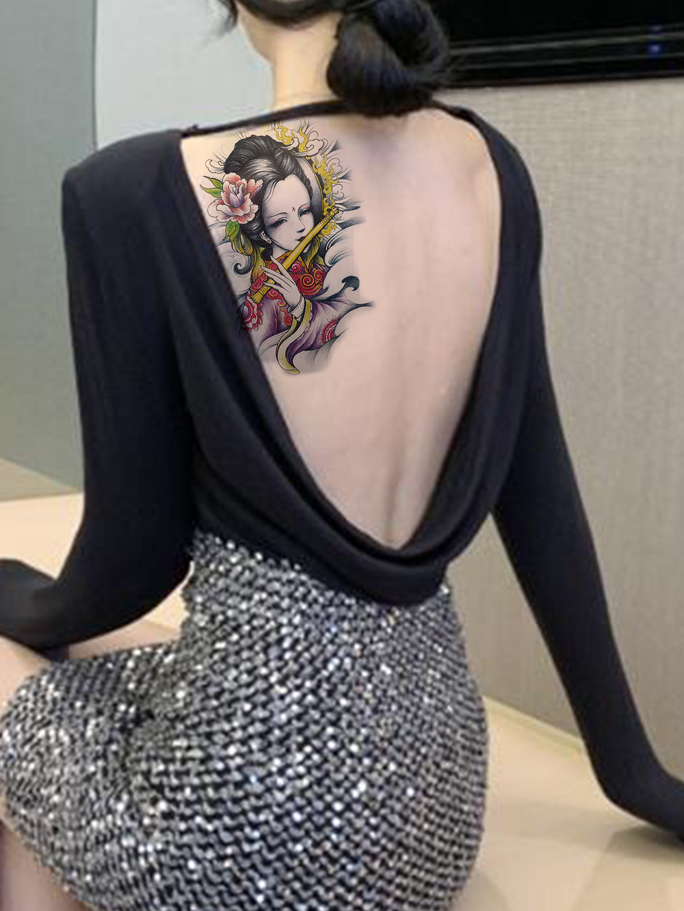 【两张】狐狸艺妓美女性感半臂网红款彩色仿真吹箫艺妓纹身贴纸男