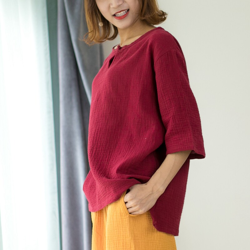 봄 여름 면과 린넨 탑 중국 스타일의 느슨한 버클 7부 소매 여성 더블 레이어 거즈 코튼 티셔츠 잠옷 대형