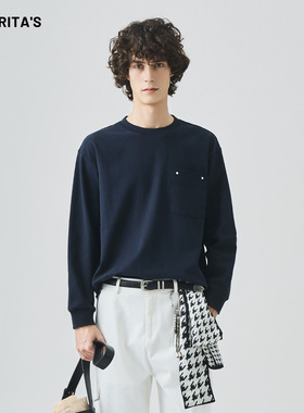 APO男装 |青年男士长袖T恤春秋季宽松休闲磨毛白色内搭上衣打底衫