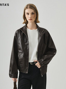 APO女装|高级黑色皮衣外套女酷飒风秋冬季无性别宽松立领机车夹克