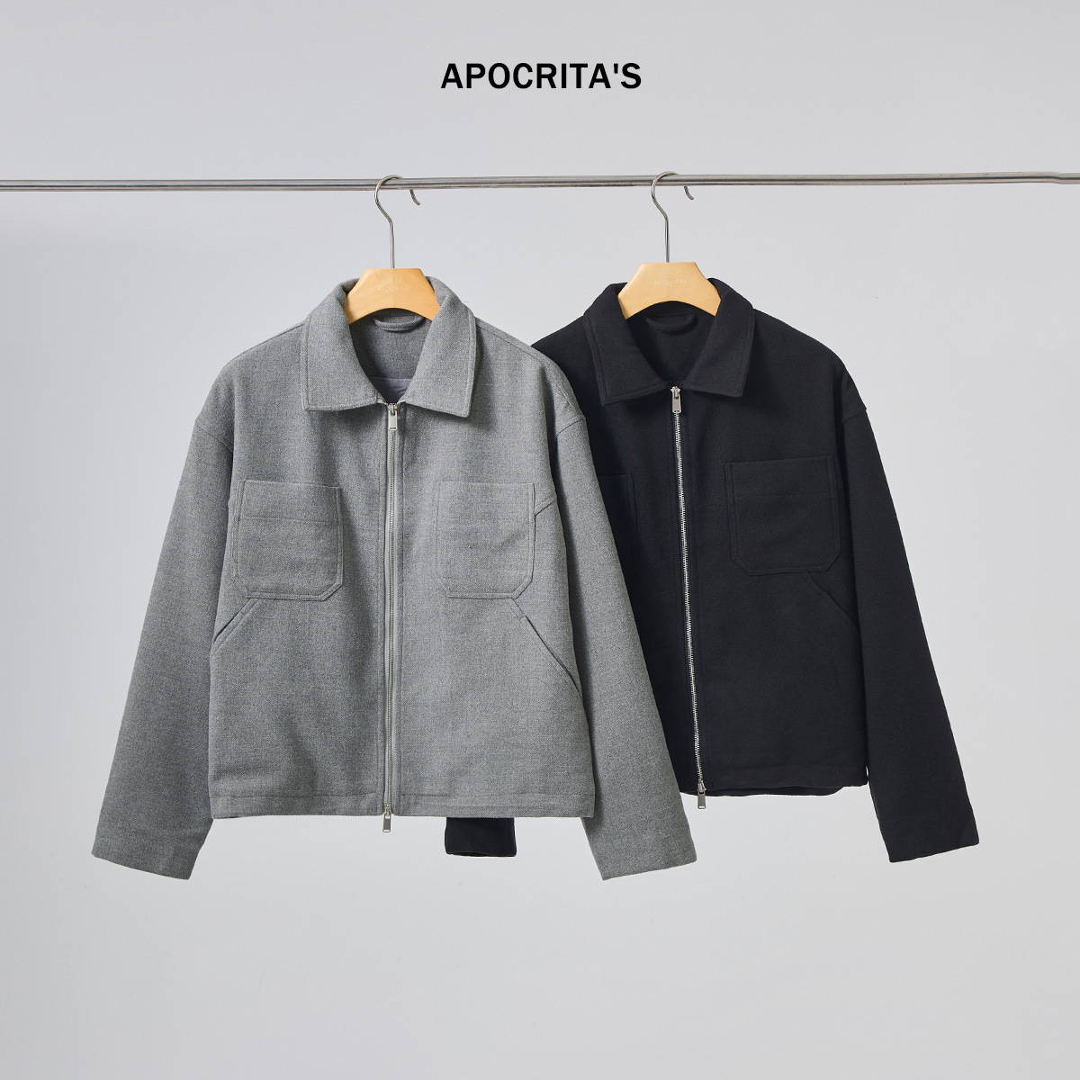 APO男装|男士毛呢外套冬季加厚宽松休闲高级感双拉链短款夹克上衣