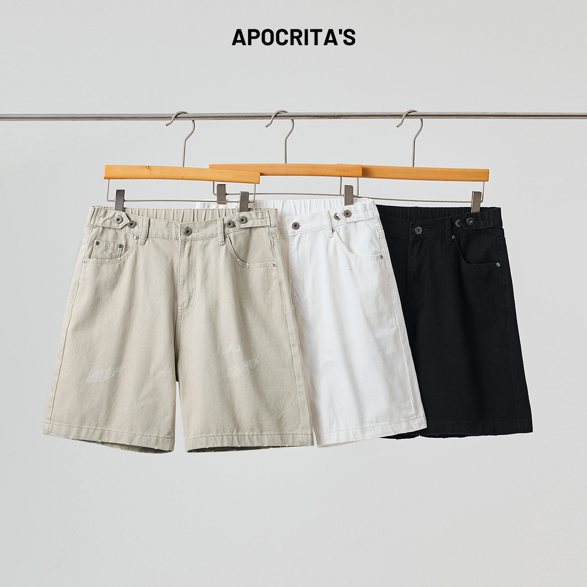 APO男装|青年纯棉休闲短裤男夏季外穿潮牌磨白做旧破洞白色五分裤