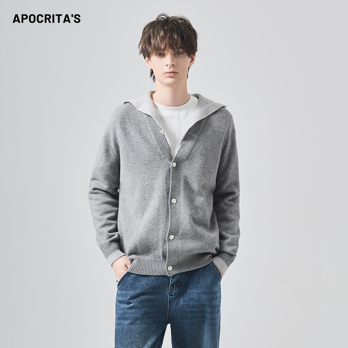 APO男装|青年假两件毛衣男秋冬拼接撞色宽松连帽针织开衫外套上衣