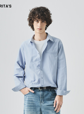 APO男装|青年蓝色长袖衬衫男秋季高级松弛感痞帅宽松衬衣休闲上衣