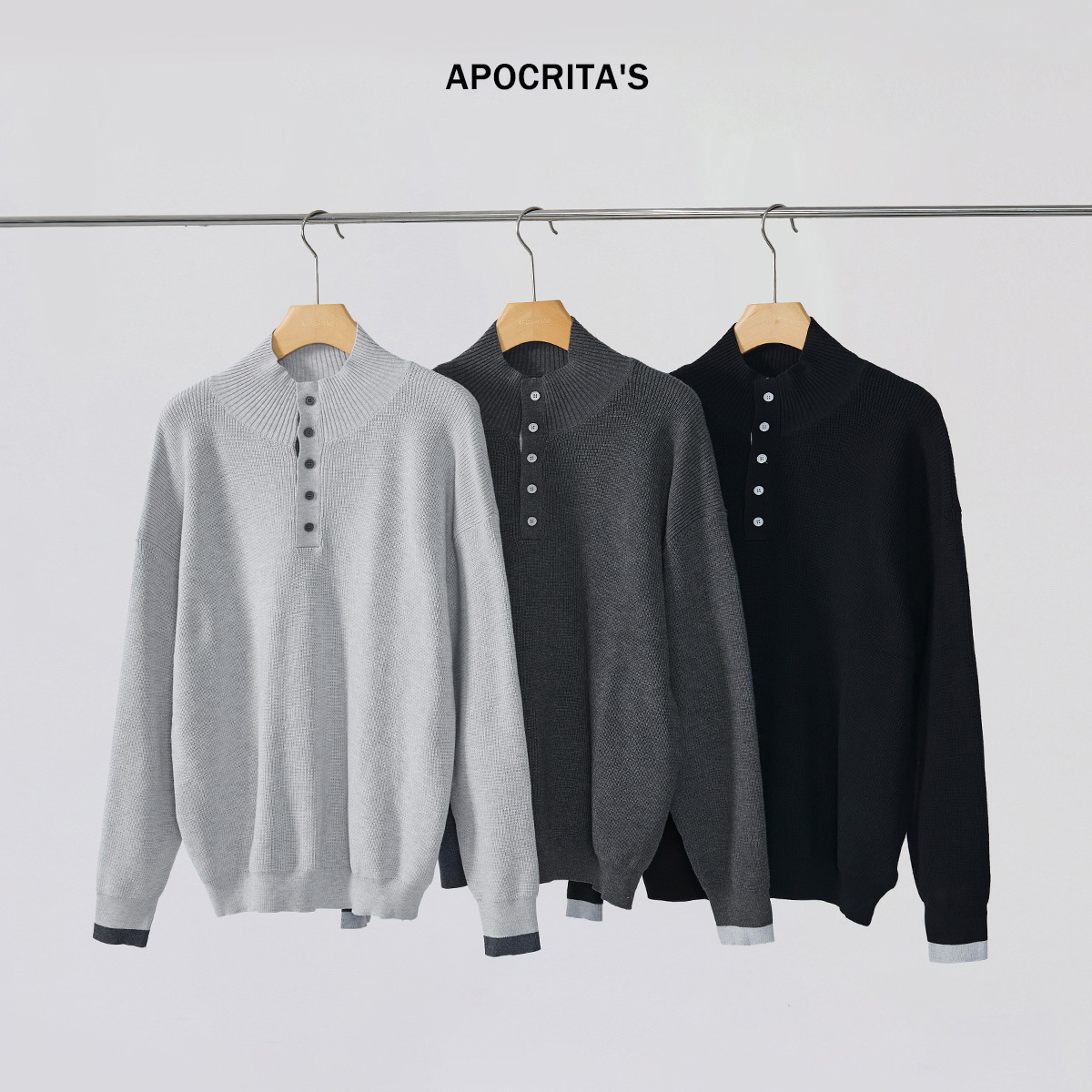 APO男装|青年男士毛衣秋冬季撞色拼接宽松半高领羊毛长袖针织衫