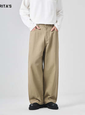 APO男装|青年纯棉休闲裤男秋冬季高级感潮流百搭白色宽松阔腿长裤