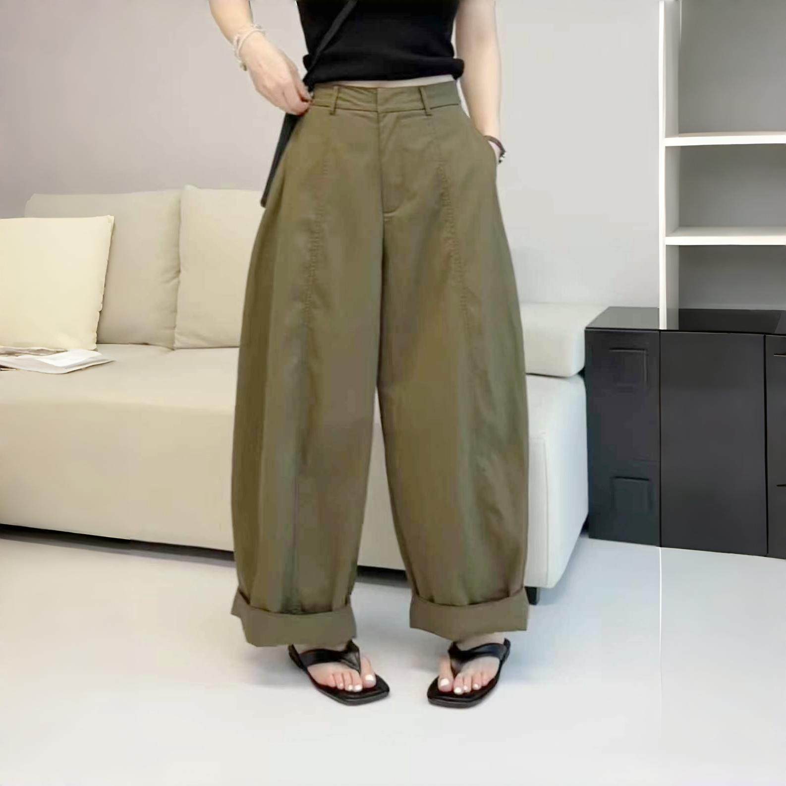 夏款通勤设计感简约阔腿深绿色裤