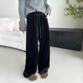 欧货时尚 女 亮黑色高腰显瘦松紧直筒裤 金丝绒垂坠感阔腿休闲裤 秋款