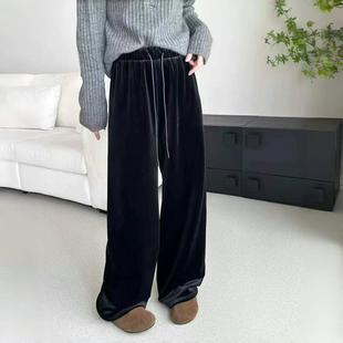 亮黑色高腰显瘦松紧直筒裤 秋款 女 金丝绒垂坠感阔腿休闲裤 欧货时尚