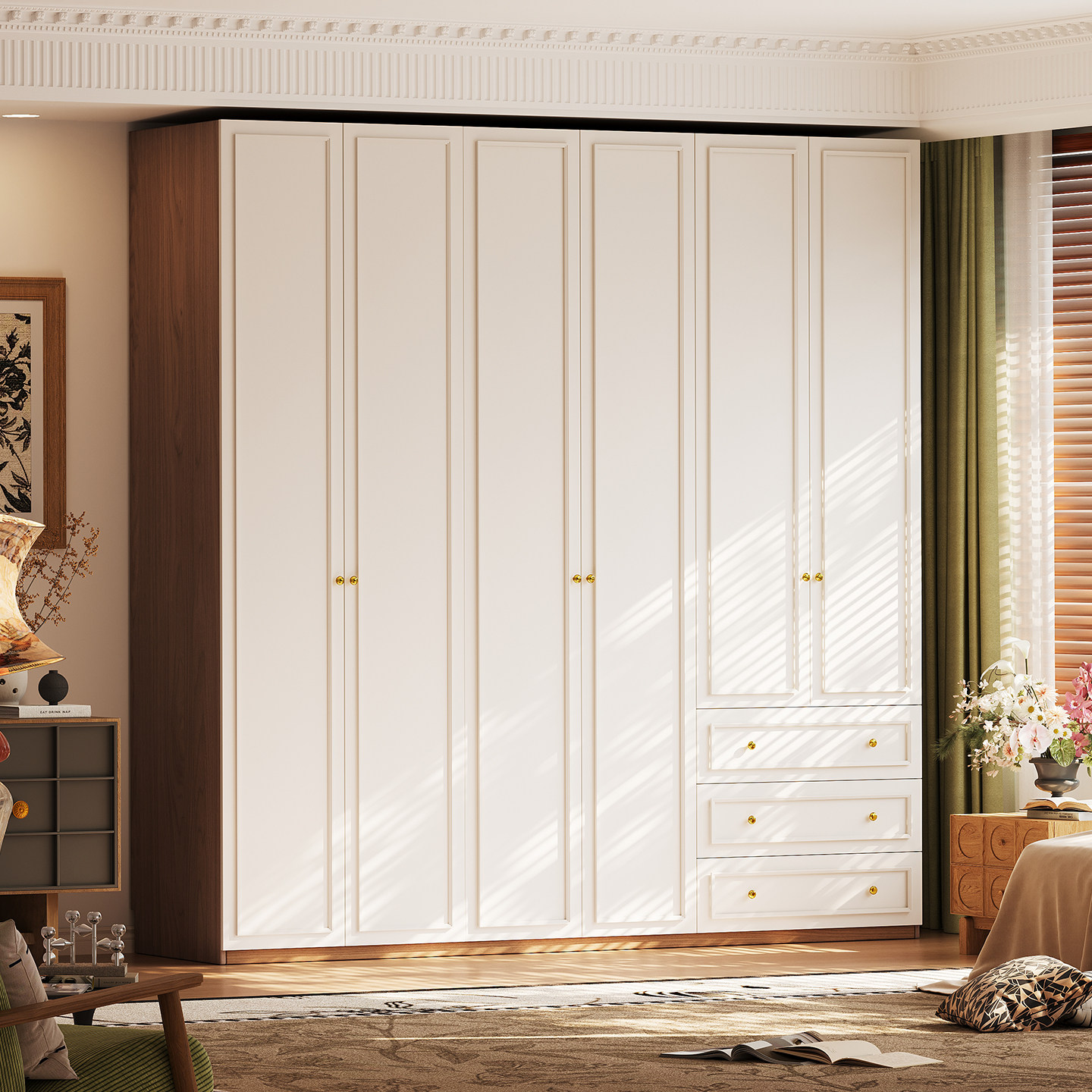 法式复古风胡桃色实木衣柜家用