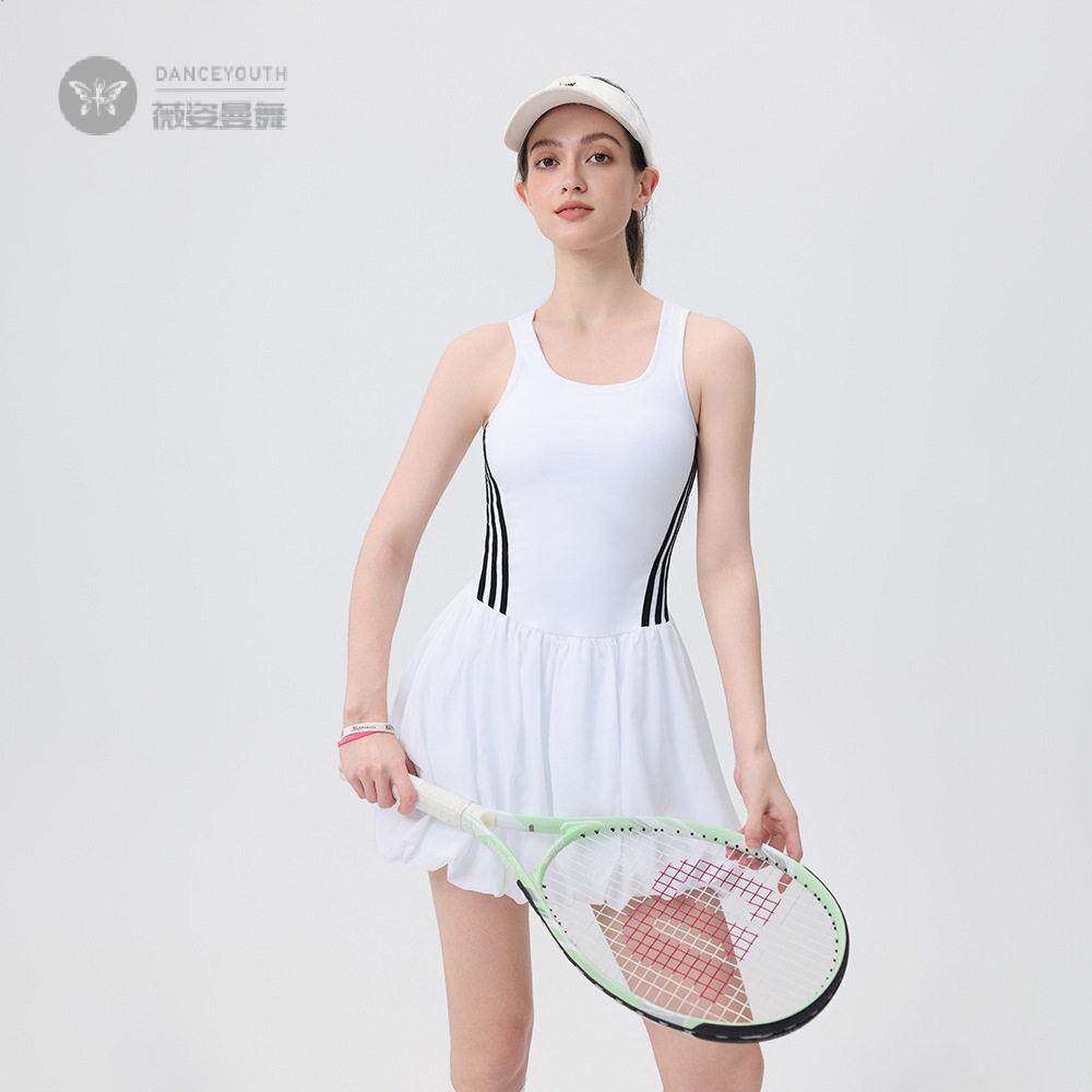 网球裙女连衣裙袖显瘦专业羽毛球服白色新款网球服花苞裙