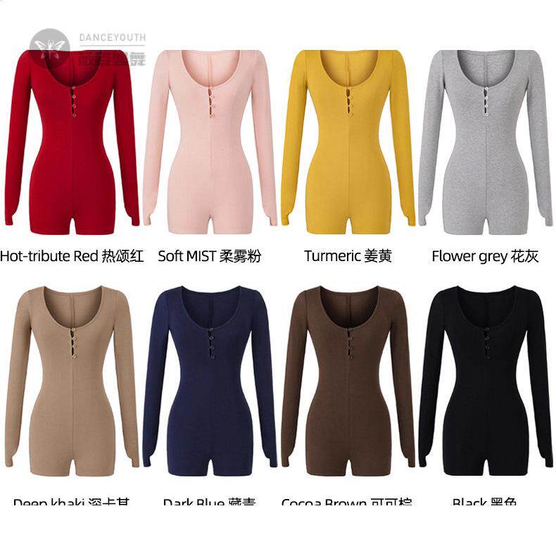 秋季连体裤套装深V显瘦长款上衣人棉纽扣长袖瑜伽连体紧身衣短裤