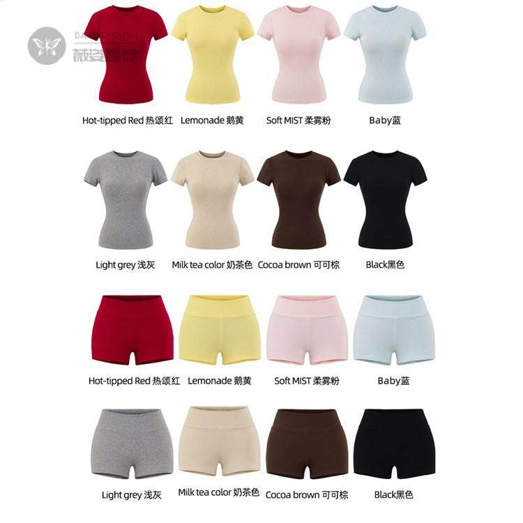 正肩圆领短袖高腰短裤瑜伽运动套装女夏裸感弹力上衣紧身短热裤