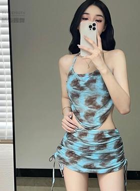 泳衣女蓝色渲染荡领印花性感豹纹感网红风气质遮肚比基尼泳衣