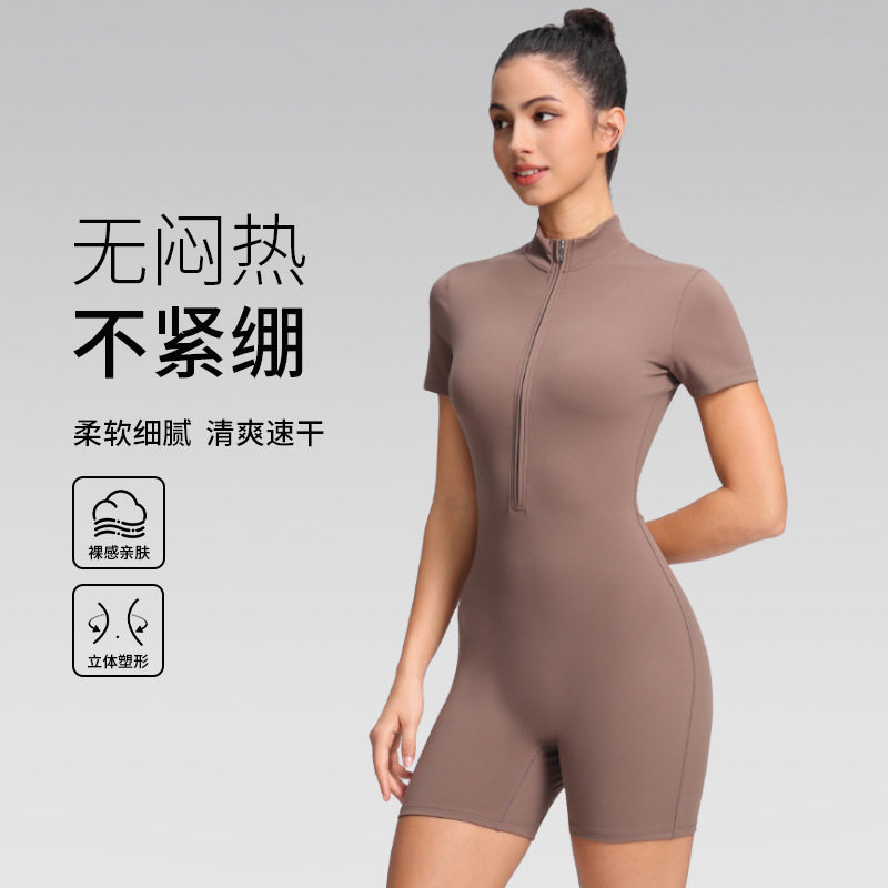 欧美夏季拉链短袖短裤瑜伽连体服