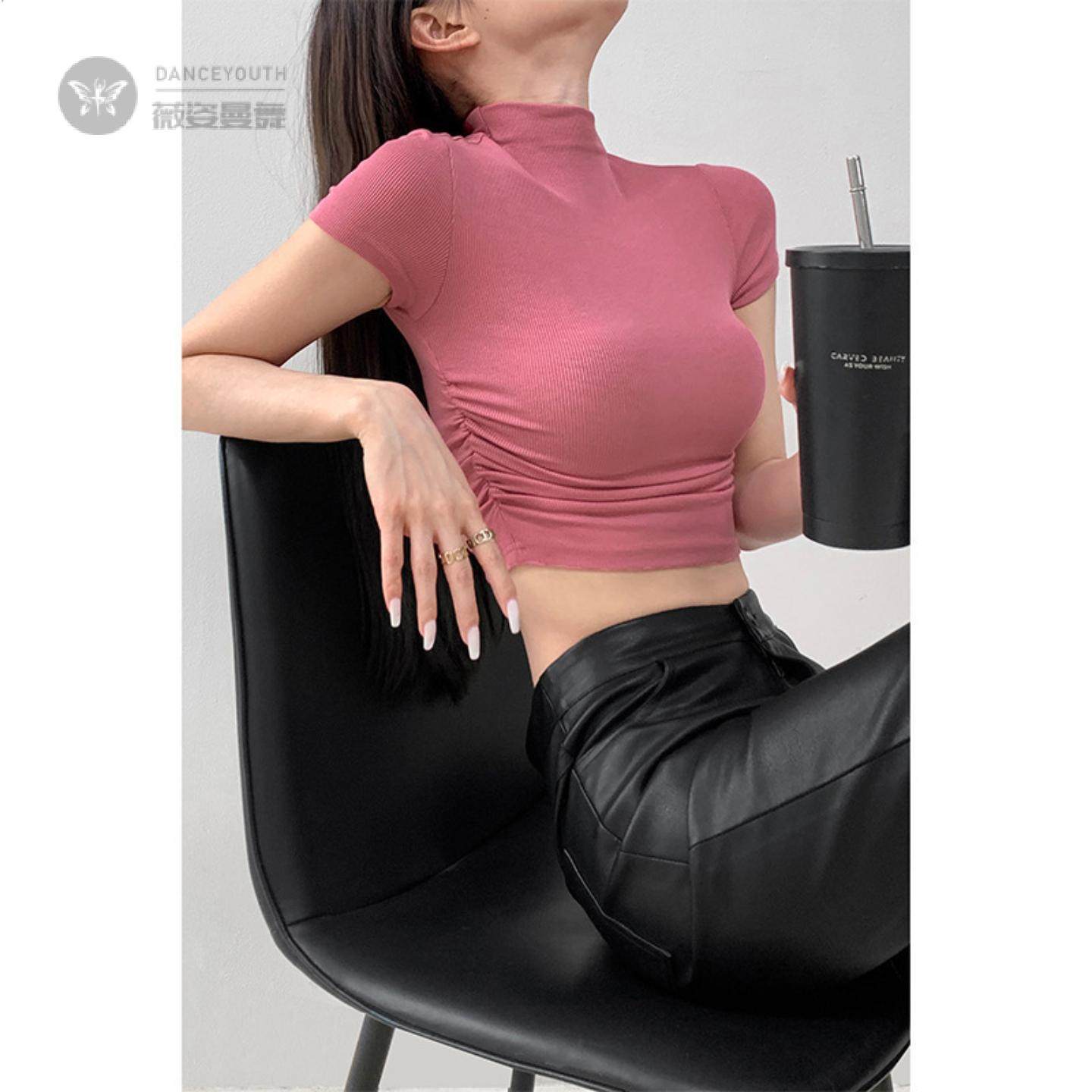 秋季辣妹运动上衣瑜伽短袖半高领褶皱恤锻炼纯欲健身服瑜伽服,运动/瑜伽/健身/球迷用品,瑜伽t恤,淘宝优惠券,粉丝福利购,淘宝优惠卷