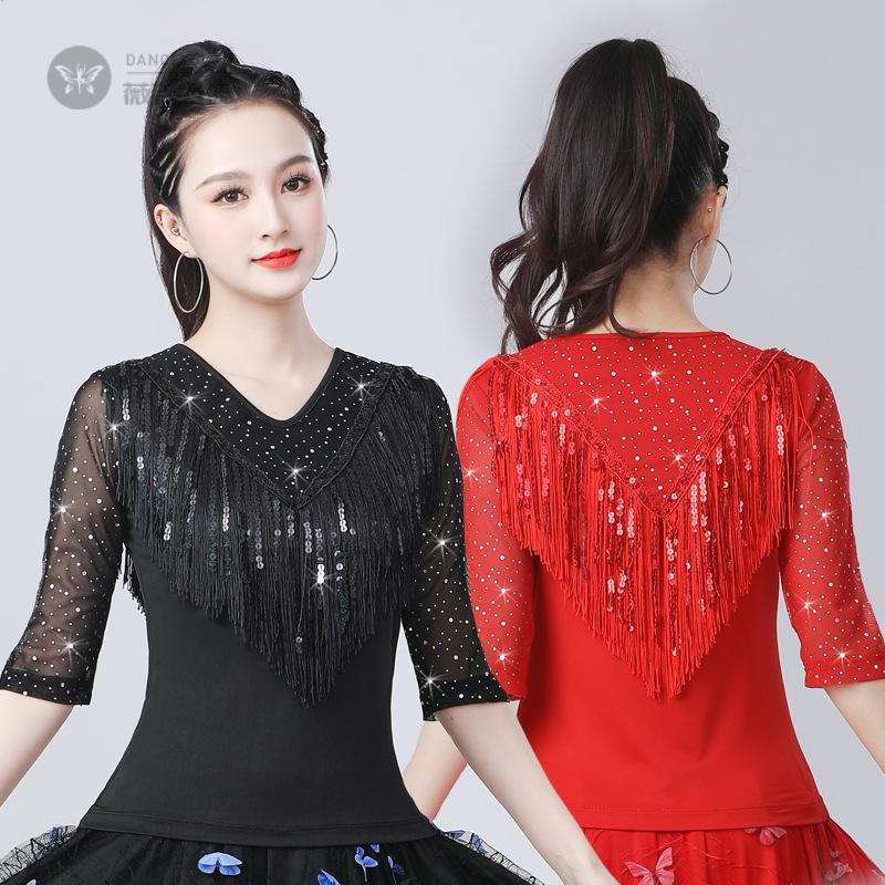2025春款女中袖广场舞上衣流苏