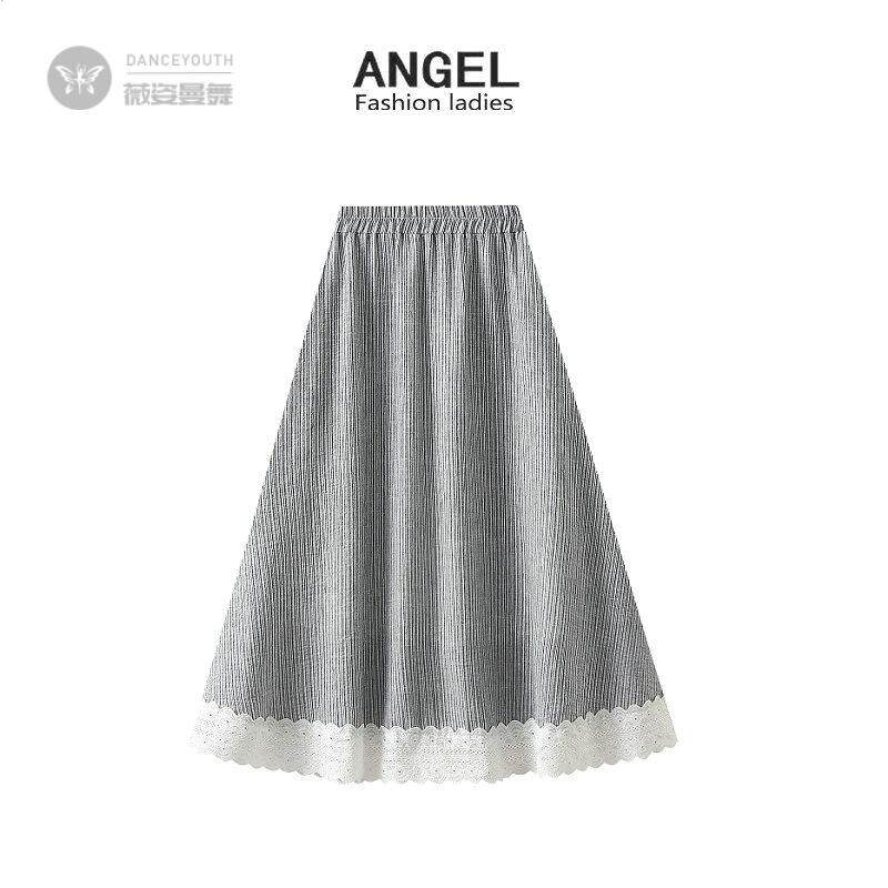 格子半身裙女春夏韩系宽松休闲松紧腰中长款蕾丝边拼接a字裙0537