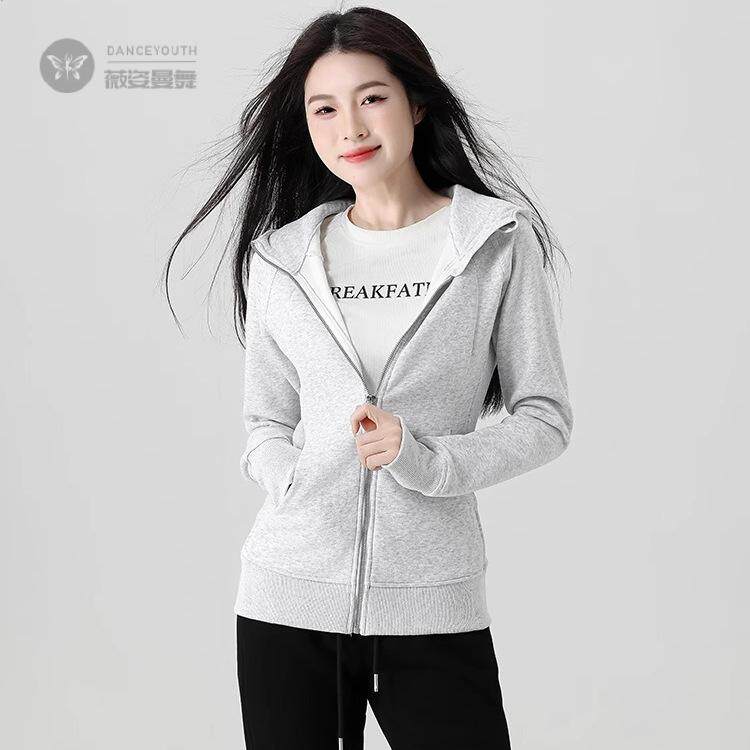 白灰色修身连帽卫衣外套女2025早春新款收腰显瘦上衣百搭瑜伽服厚