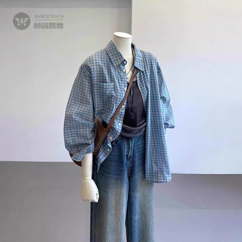 薄款格子防晒衬衫女夏2026新款宽松长袖上衣外套韩系宽松通勤穿搭