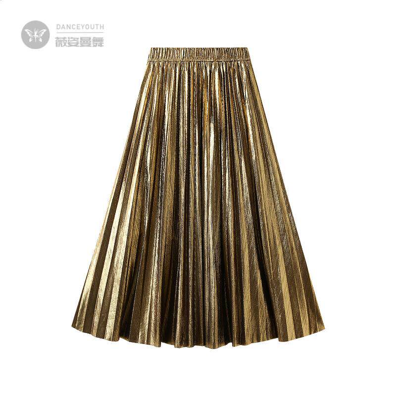 感金属色亮丝风琴裙中长裙春秋百褶裙半身裙0317