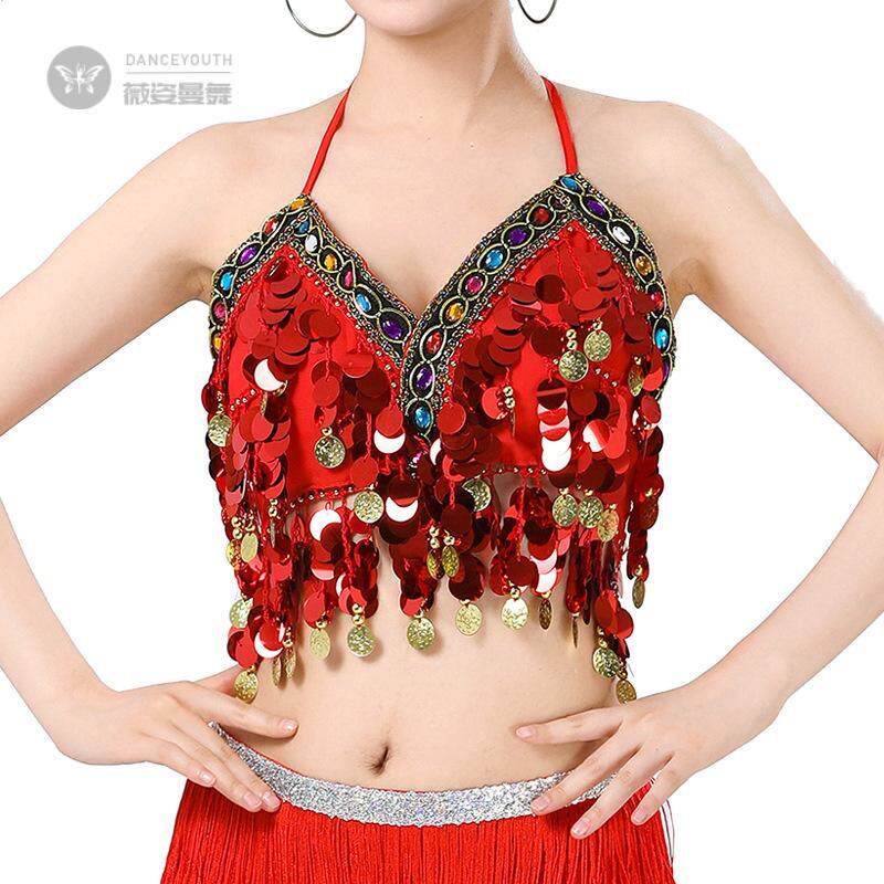 外滩亮片七彩裹胸肚皮舞文胸吊币铜锣舞台演出彩钻亮片上衣