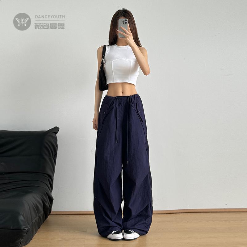 美式高腰抽绳束脚阔腿工装裤女
