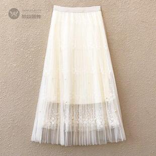 网红纱裙蕾丝网纱半身裙女春款很仙的温柔仙女裙百褶裙子长裙