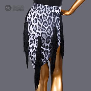 拉丁舞裙不规则半身裙新款豹纹加密流苏短裙恰恰成人女表演练功服