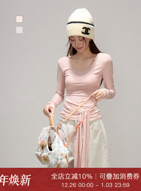 Moxiebabe纯欲风粉色圆领长袖T恤女装冬季设计感绑带修身打底上衣