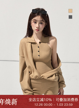 Moxiebabe慵懒风纯色假两件长袖针织衫女装冬季显瘦休闲裤两件套