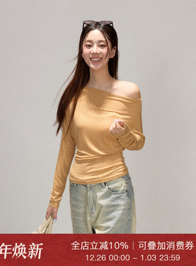 Moxiebabe气质橘色性感斜肩T恤女秋季小众百搭修身露肩打底衫上衣
