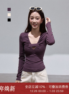 Moxiebabe辣妹紫色镂空长袖内搭T恤秋冬褶皱修身显瘦打底衫上衣