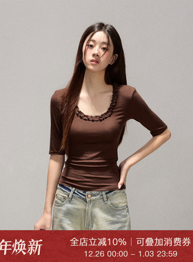 Moxiebabe美拉德复古咖色木耳边T恤女装秋季气质修身显瘦中袖上衣