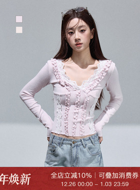 Moxiebabe甜美风蕾丝拼接长袖T恤女装秋冬新款别致V领木耳边上衣