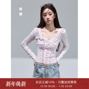 别致V领木耳边上衣 秋冬新款 Moxiebabe甜美风蕾丝拼接长袖 T恤女装