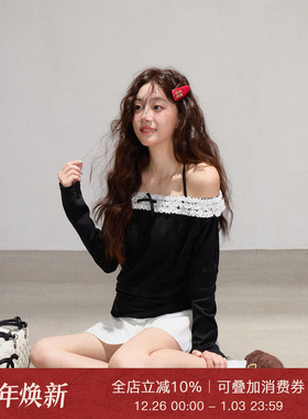 Moxiebabe性感气质百搭一字肩长袖T恤女秋季别致显瘦撞色chic上衣