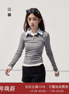 Moxiebabe美式复古条纹Polo领长袖T恤女冬季小众修身显瘦内搭上衣