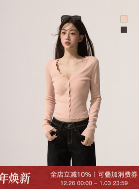 Moxiebabe辣妹风粉色V领长袖针织衫女装秋季减龄修身显瘦内搭上衣