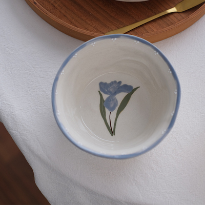 川谷 鸢尾花手捏碗日式 盘子碗家用套装陶瓷碗高颜值甜品碗水果盘