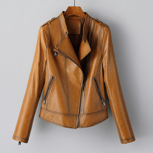 立领咖色机车皮夹克女 真皮皮衣小外套时尚 2026春新绵羊皮短款 修身