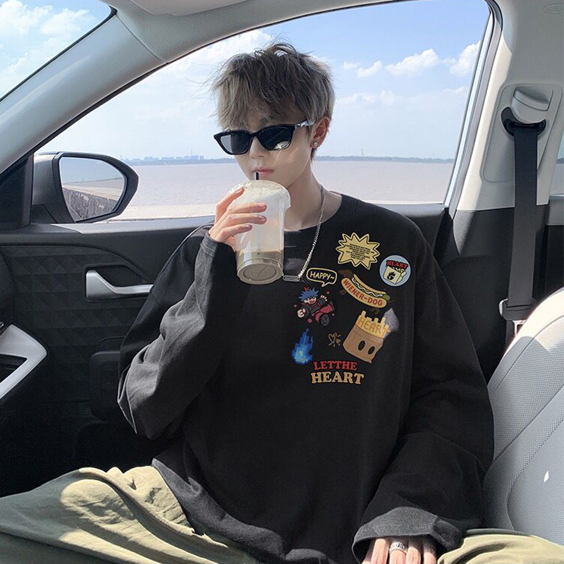 纯棉春秋圆领长袖t恤男美式潮牌