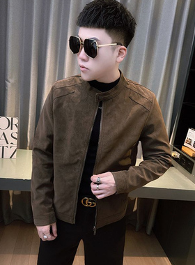2025冬季新款痞帅皮衣男士韩版修身立领麂皮绒百搭保暖皮夹克外套