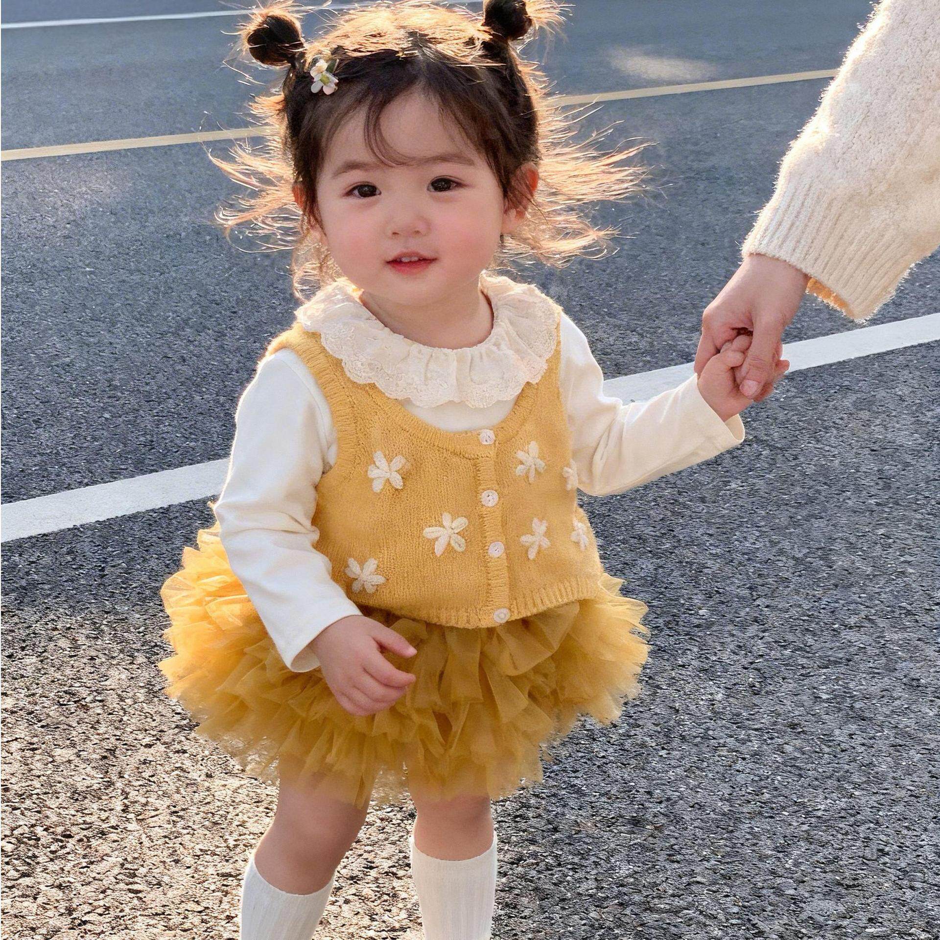 女童时髦洋气套装2026春季女宝宝公主衣服针织衫马甲蓬蓬裙三件套