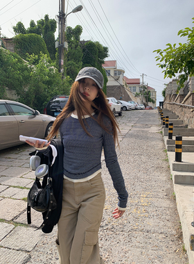 DRIZZLE撞色假两件藏青条纹打底衫长袖t恤女早秋韩系内搭修身上衣