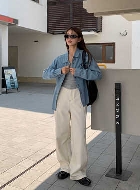 DRIZZLE 高腰显瘦白色牛仔裤女春秋宽松百搭阔腿复古美式直筒裤子