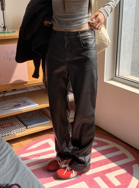 DRIZZLE 黑色皮裤女春秋高腰直筒显瘦pu皮宽松高级感阔腿休闲长裤