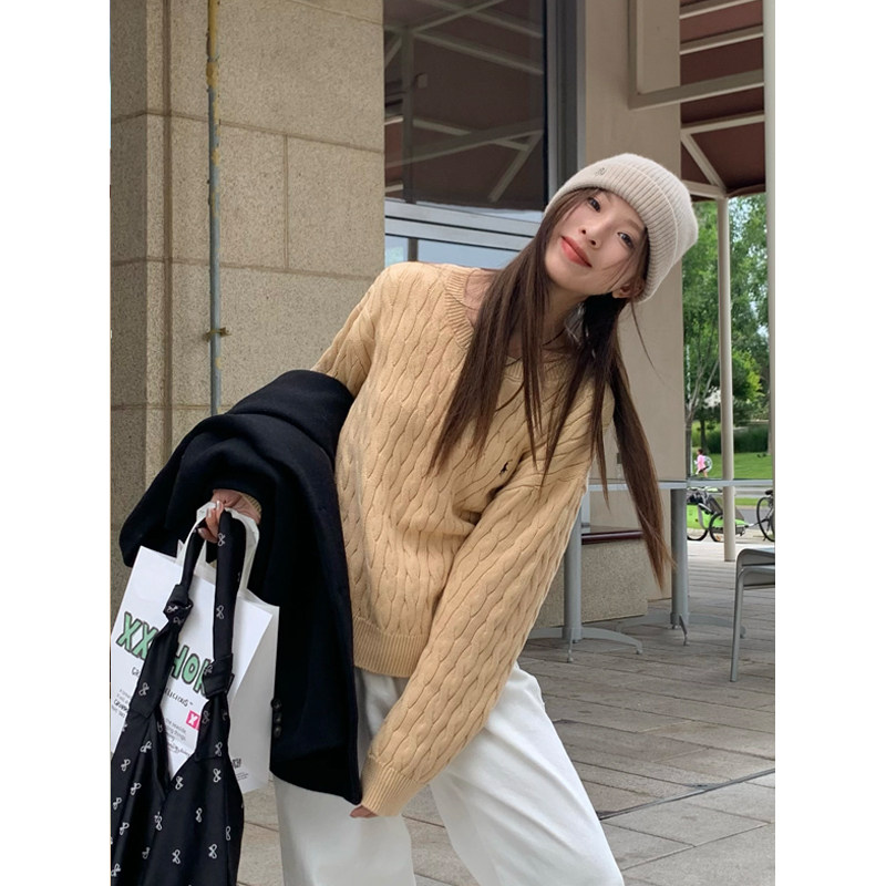 DRIZZLE 卡其色麻花毛衣女春季韩系宽松慵懒风刺绣套头针织衫上衣