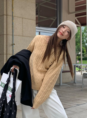 DRIZZLE 卡其色麻花毛衣女秋冬韩系宽松慵懒风刺绣套头针织衫上衣