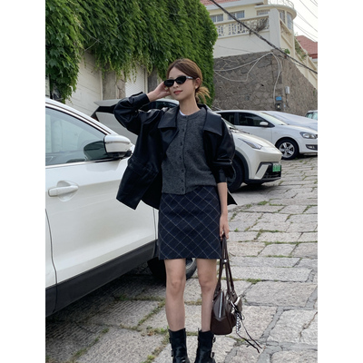 DRIZZLE 灰色毛呢格子半身裙女2025秋冬新款百搭保暖羊毛A字裤裙